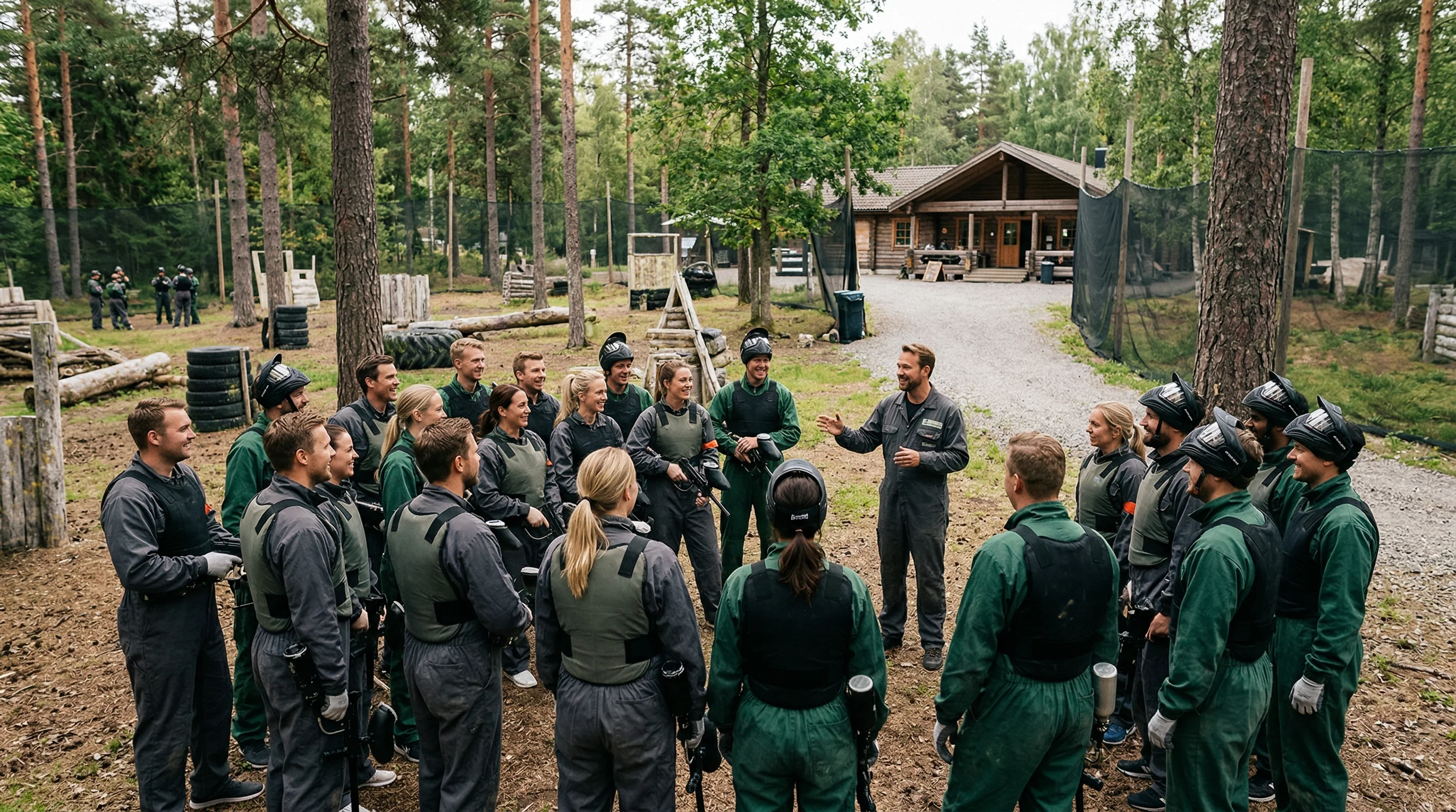 Företagsevent med stora grupper som kör paintball och teambuilding utomhus