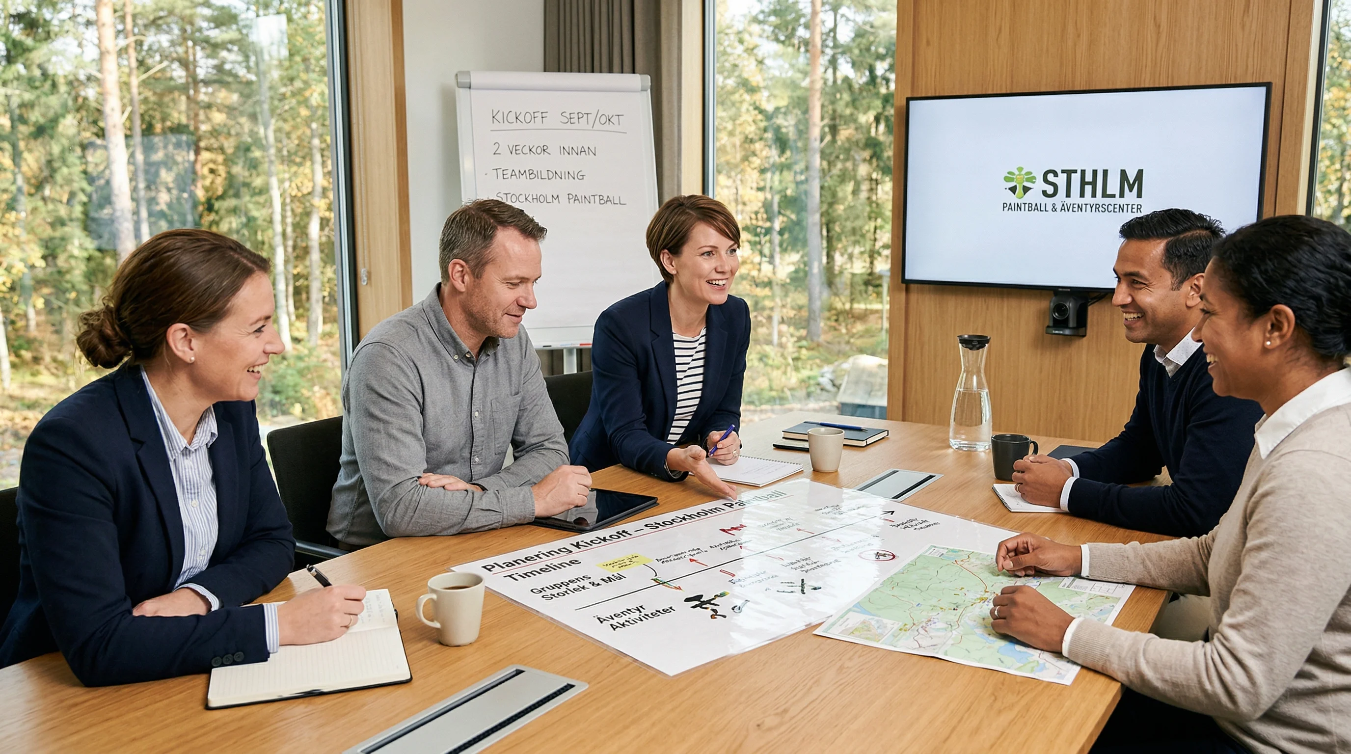 Företagsgrupp som genomför kickoff med aktiviteter och mat tillsammans