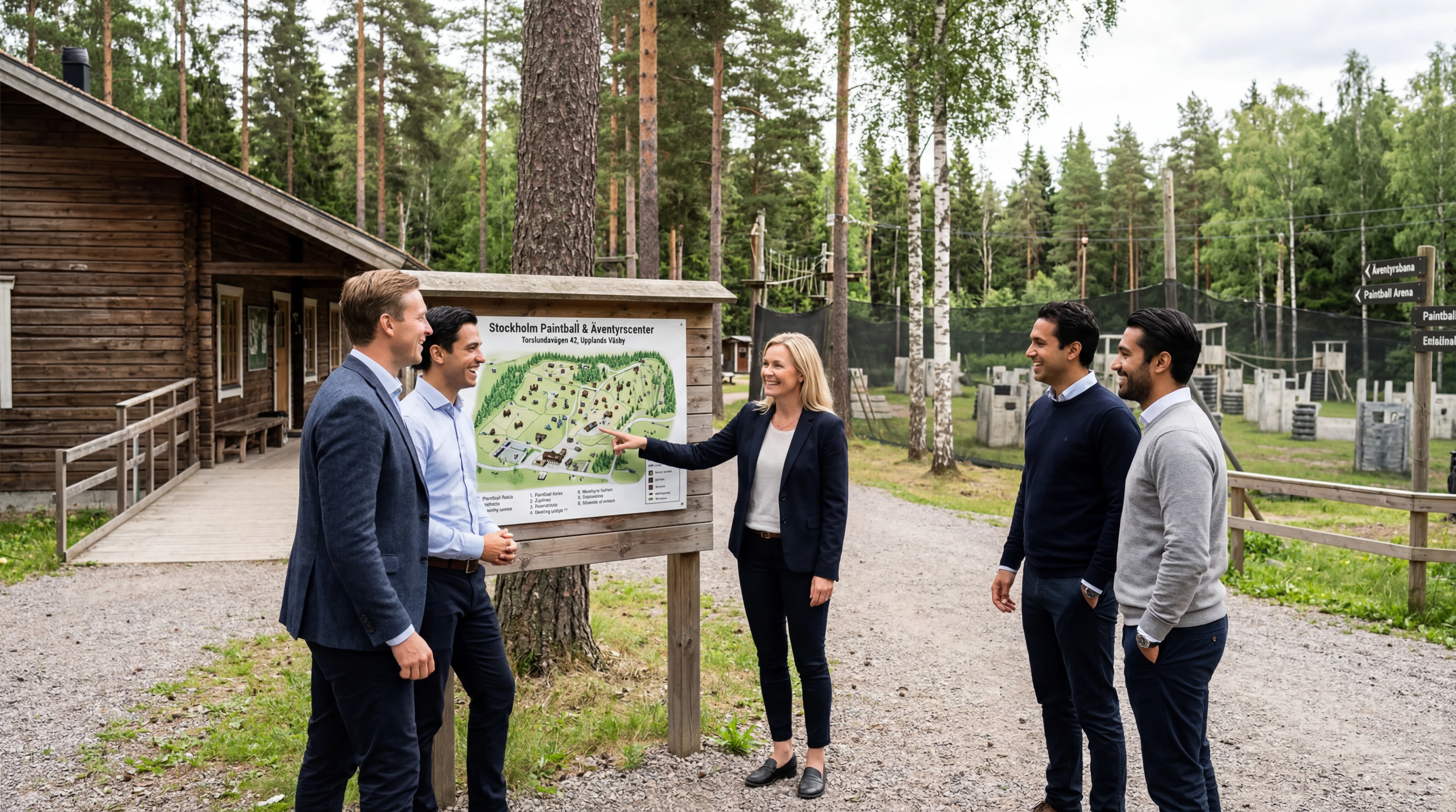 Glada deltagare efter genomfört företagsevent med paintball och aktiviteter