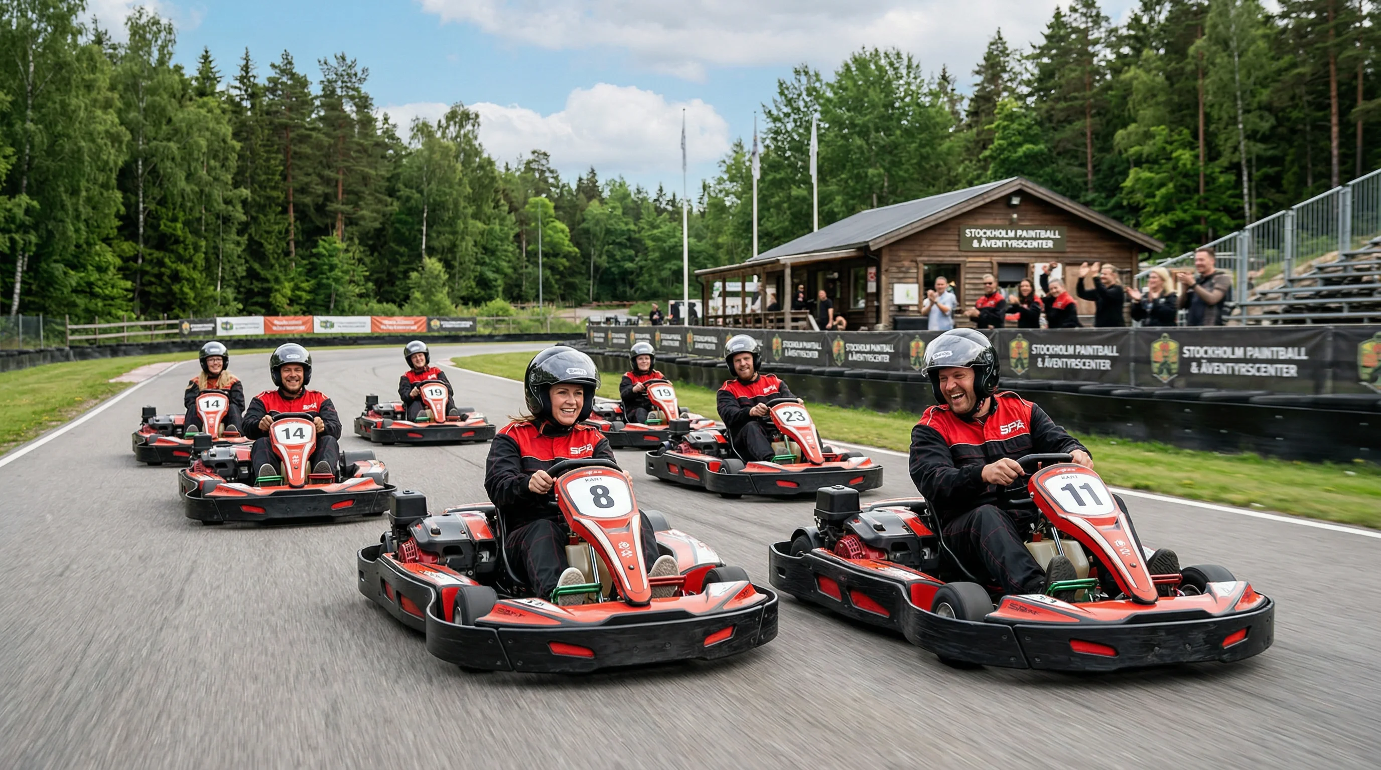 Företagsgrupp som kör gokart race som teambuilding-aktivitet