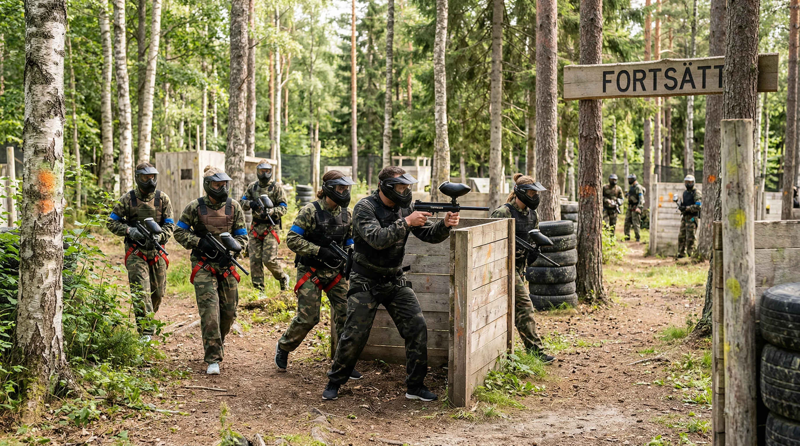 Paintballspelare i camouflageoverall med markör och mask på skogsbanor