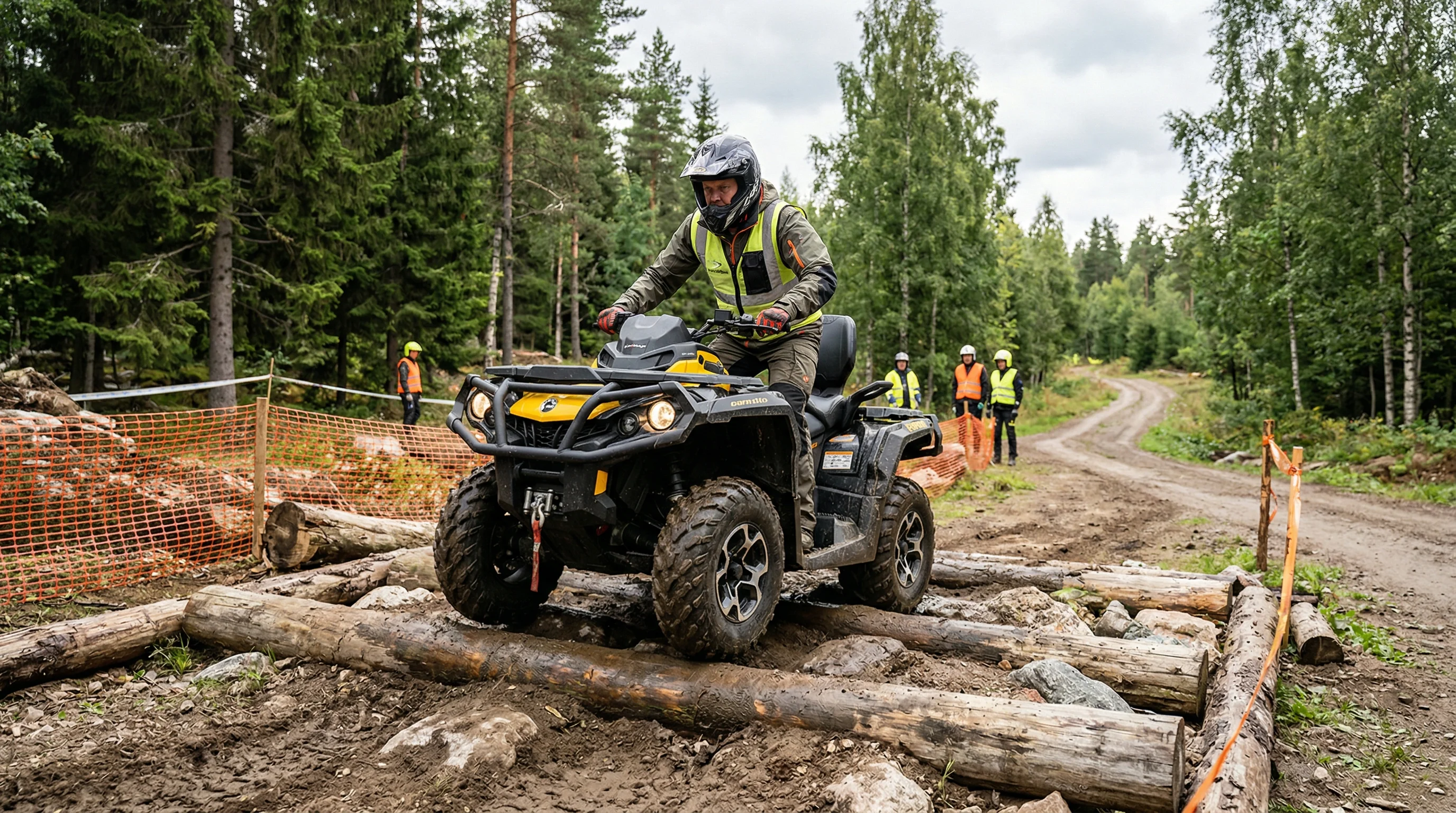 Fyrhjuling på trial-bana med hinder och utmanande terräng i Stockholm