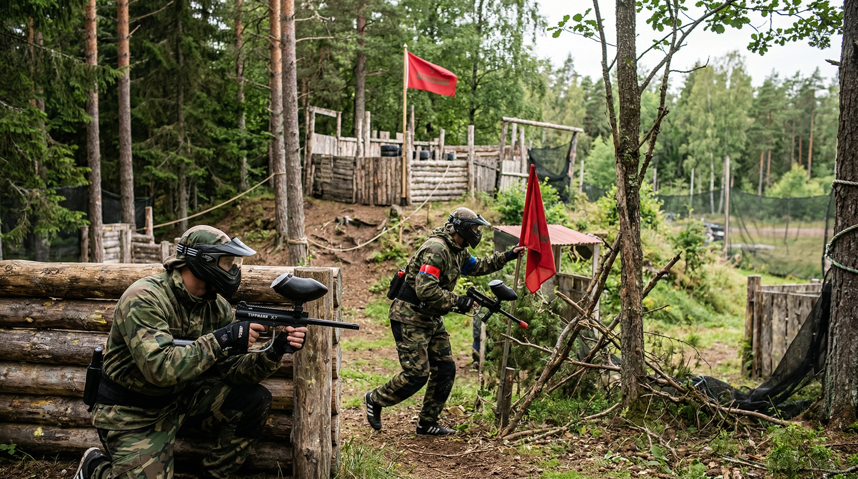 Paintballspelare i aktion på banan med taktiskt spel och lagsamarbete