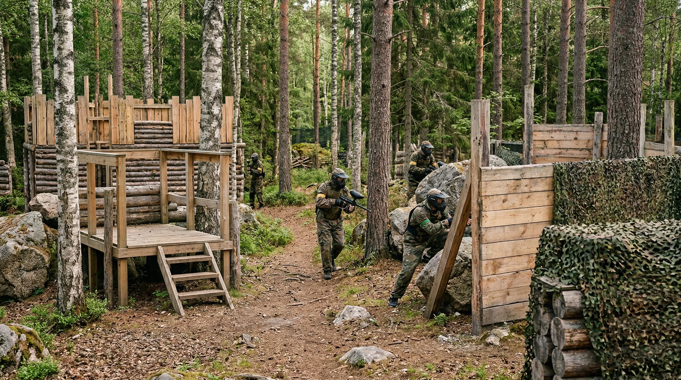 Paintballbana i skogen med naturliga och byggda värn för taktiskt spel