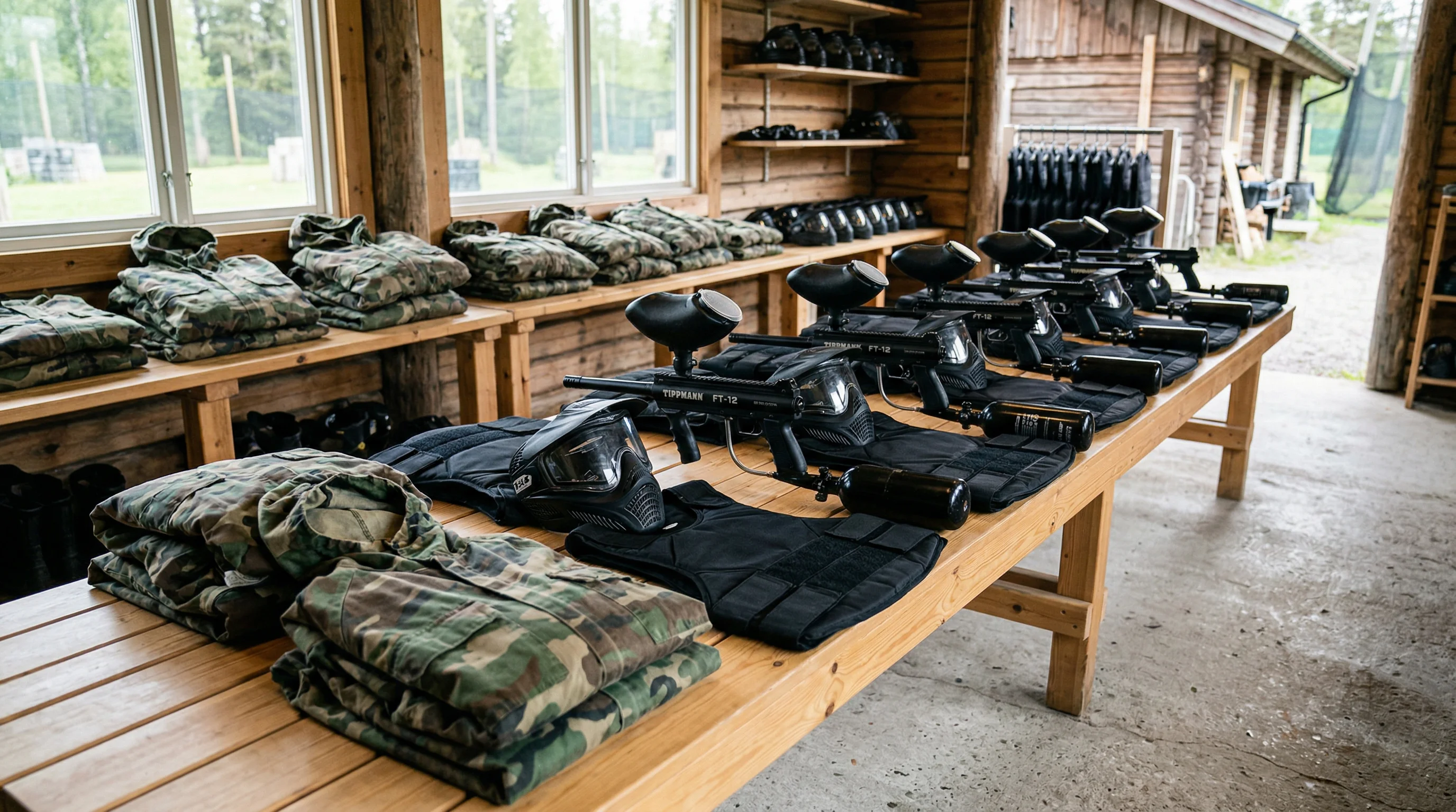 Professionell paintballutrustning med markörer, masker och overaller