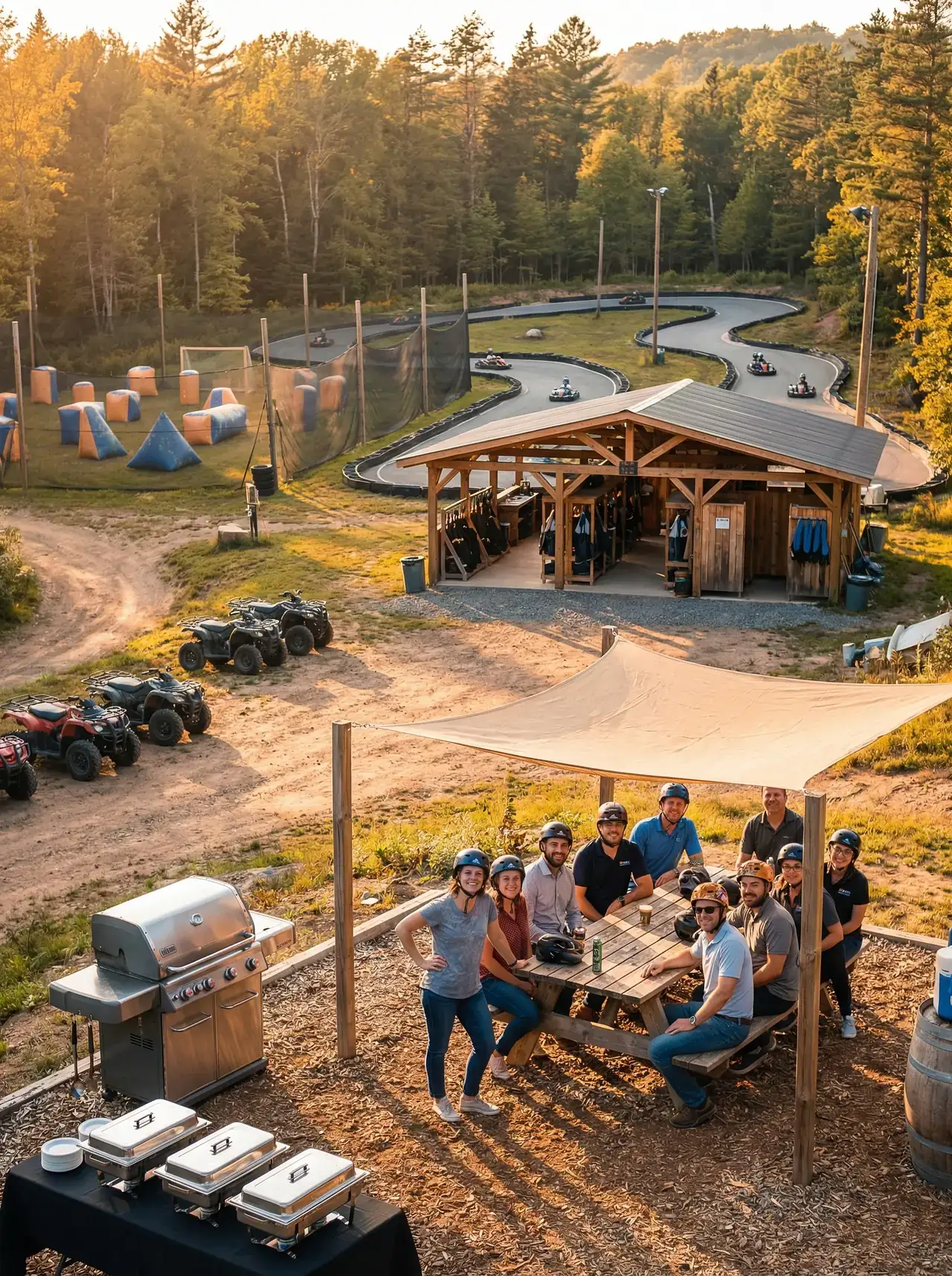 Grupp människor vid grillplats med gokartbana och äventyrsaktiviteter i bakgrunden.